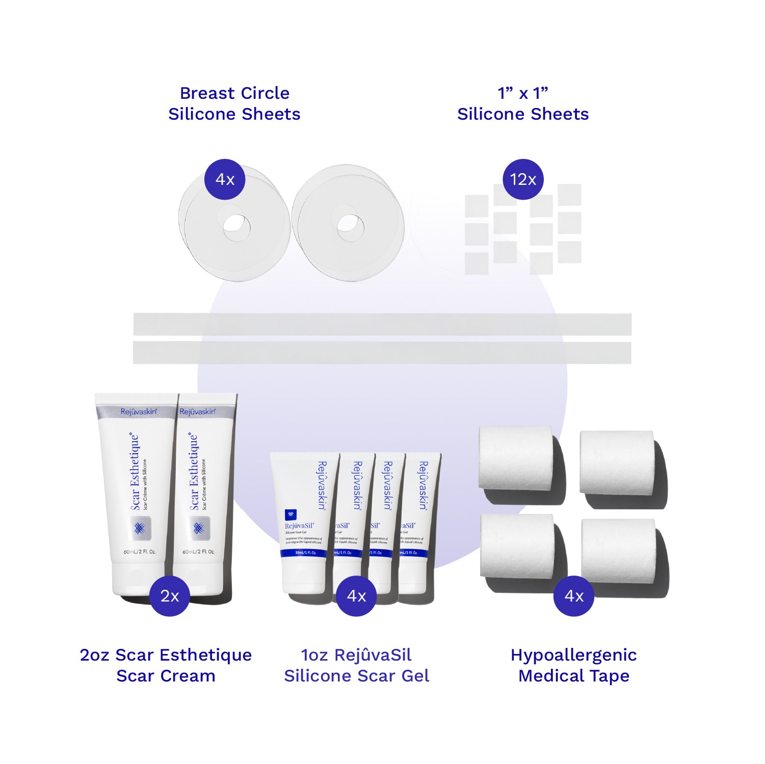 Collection of scar care products including silicone sheets, cream, gel, and tape on a white background.