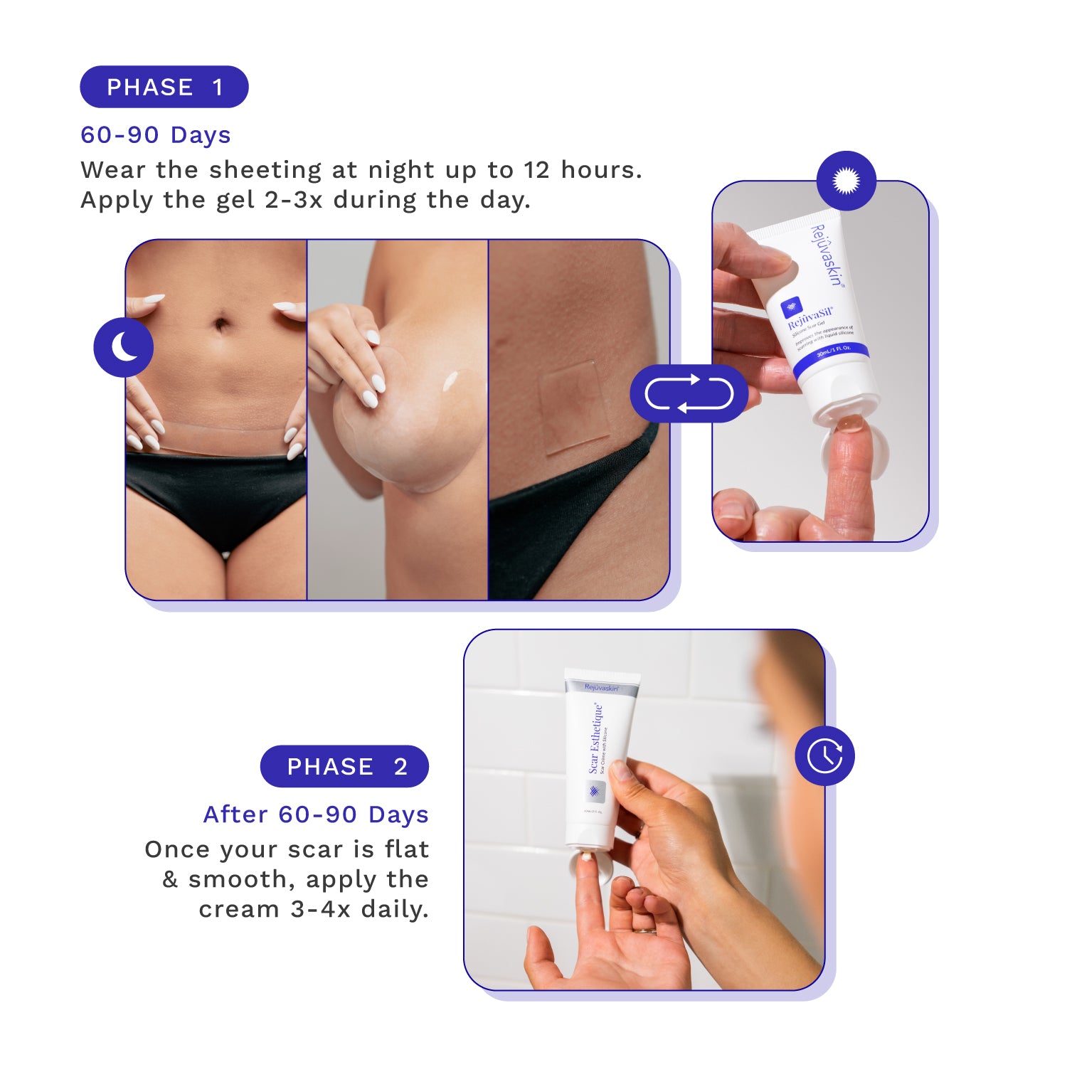 Woman placing silicone sheeting and gel on her scars from a mommy makeover