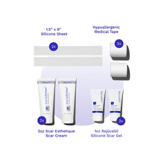 Set of scar care products with labels on a white background
