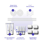 Collection of scar care products including silicone sheets, cream, gel, and tape on a white background.