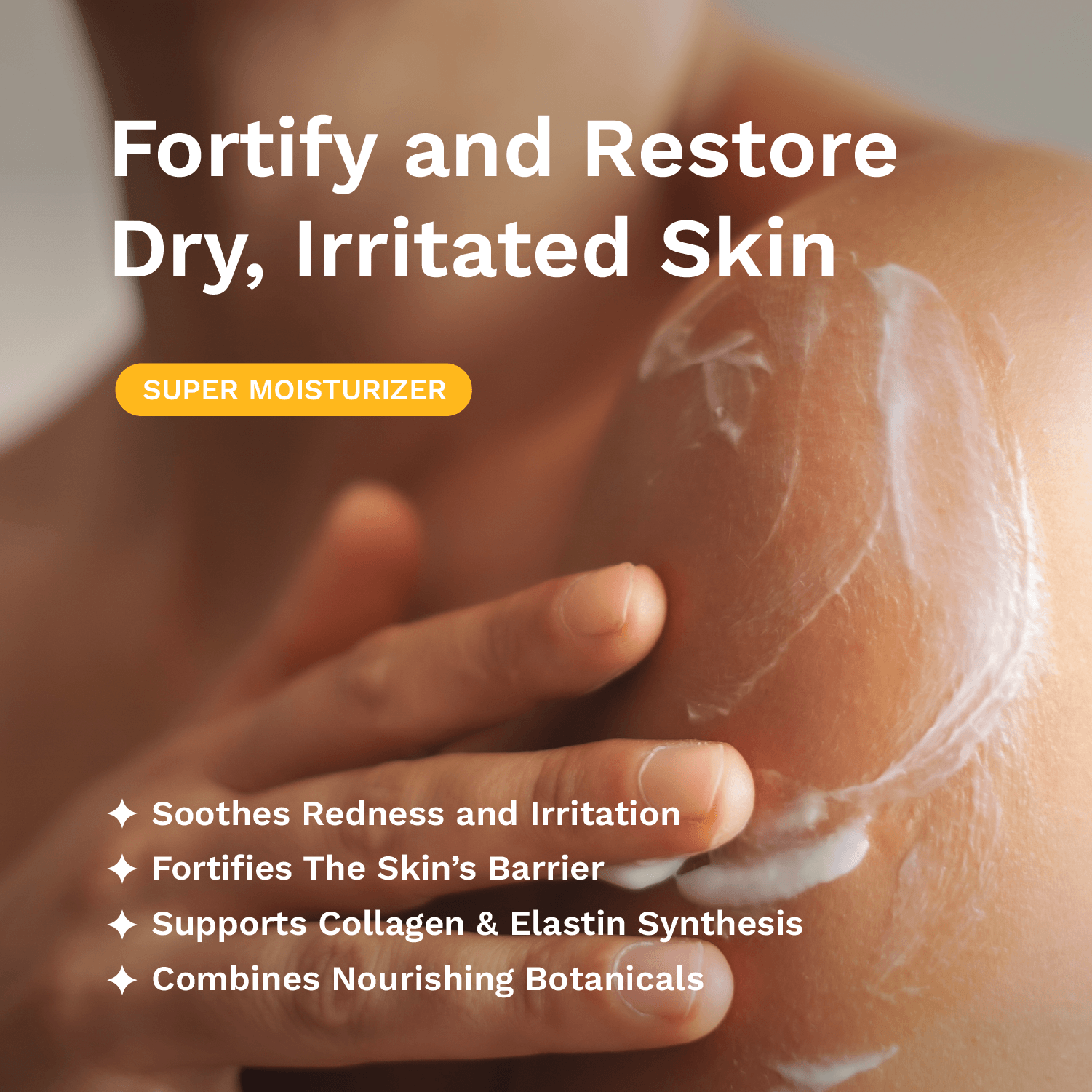 Hand applying a moisturizer to dry skin with text highlighting product benefits.