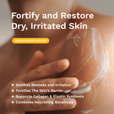 Hand applying a moisturizer to dry skin with text highlighting product benefits.