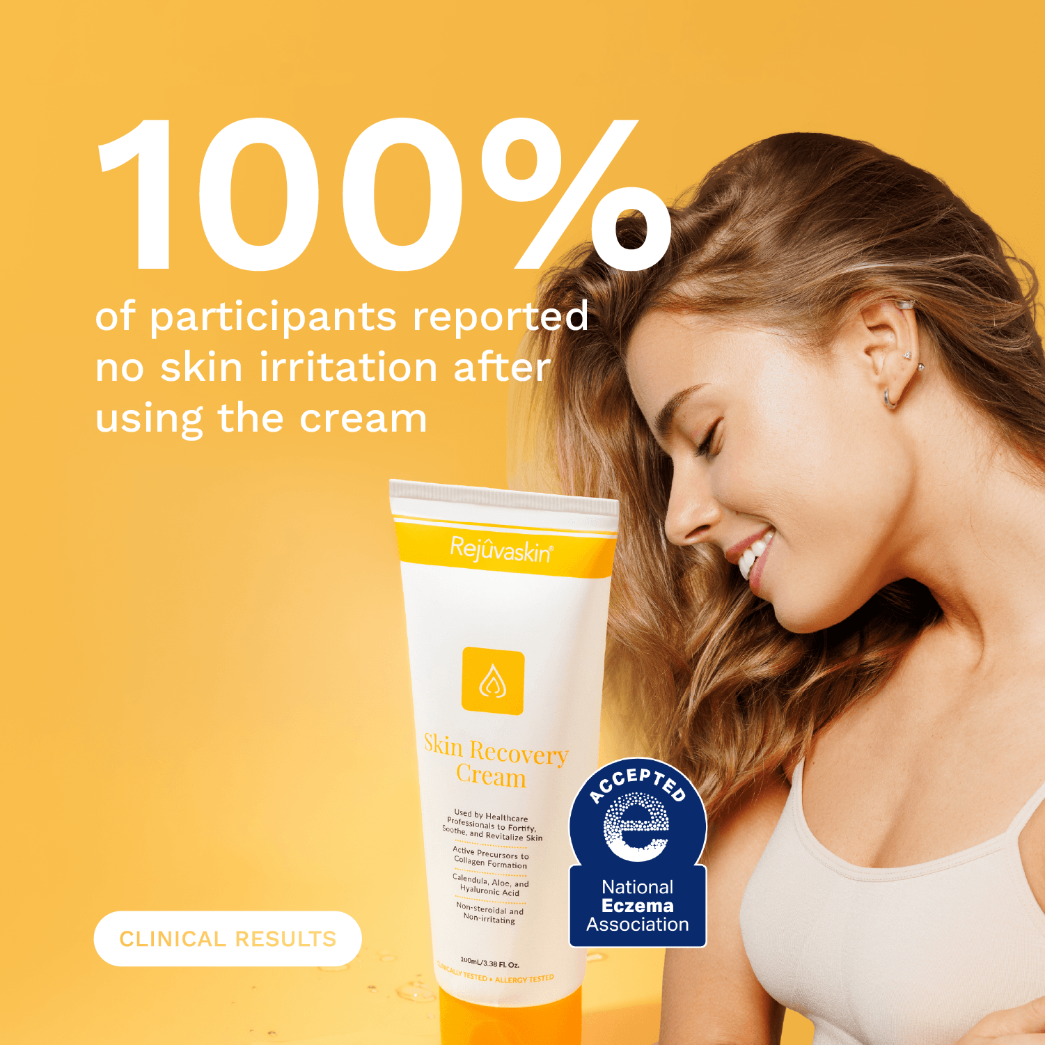Woman holding skin recovery cream with a yellow background and text about clinical results with the National Eczema Seal 