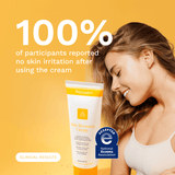 Woman holding skin recovery cream with a yellow background and text about clinical results with the National Eczema Seal 