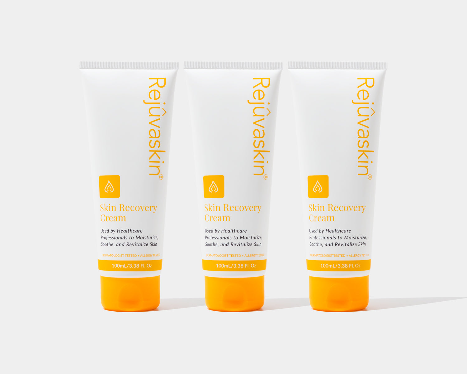 Three tubes of Rejuvaskin Skin Recovery Cream on a white background