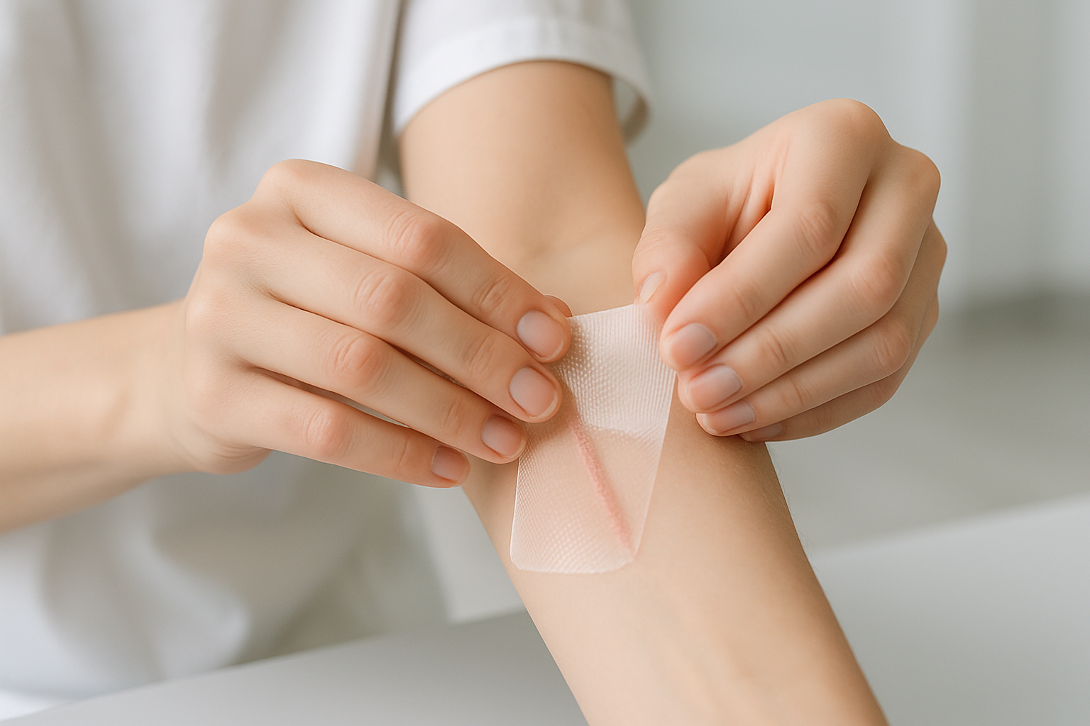 someone putting on a silicone sheet on their arm for a scar
